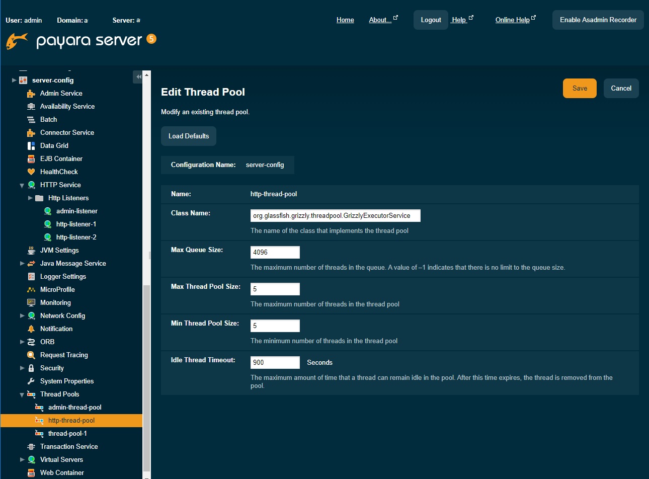Payara Server 5 thread pool configuration showing the HTTP thread pool size fields