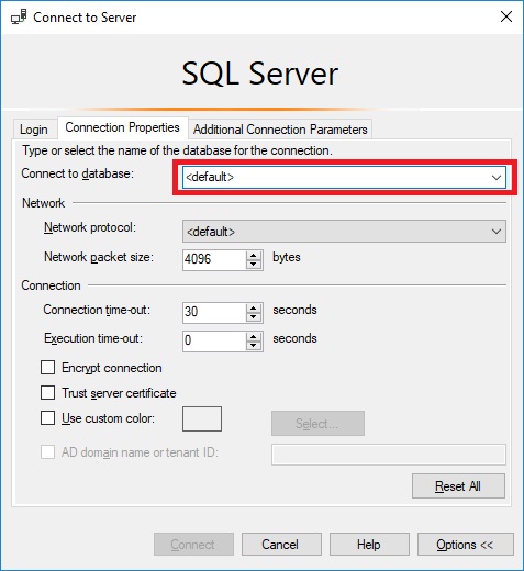 Microsoft SQL Server Management Studio Error 4064 SQL Server Connection Properties