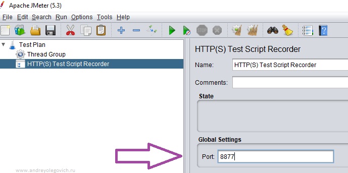 HTTP(S) Test Script Recorder settings in JMeter, image from www.andreyolegovich.ru