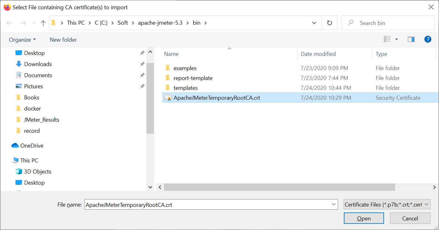 Recording a test in JMeter, the bin folder has certificates, image from www.andreyolegovich.ru