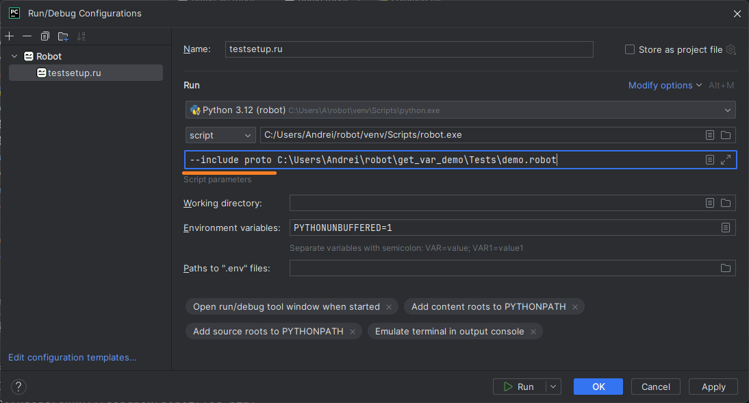 robot --include proto в PyCharm Поддержка Robot Framework в PyCharm изображение с сайта www.testsetup.ru