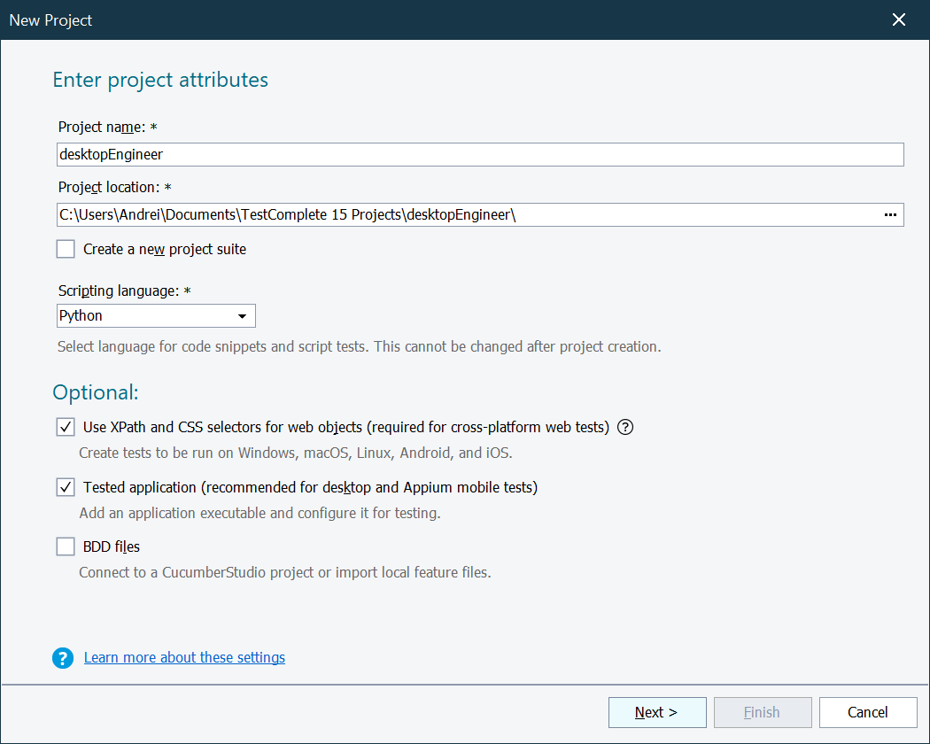 Select project name, location and type of test to record TestComplete изображение с сайта www.andreyolegovich.ru