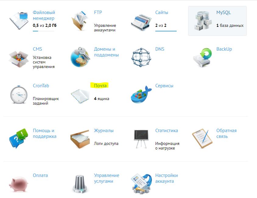 Beget control panel, the Mail button