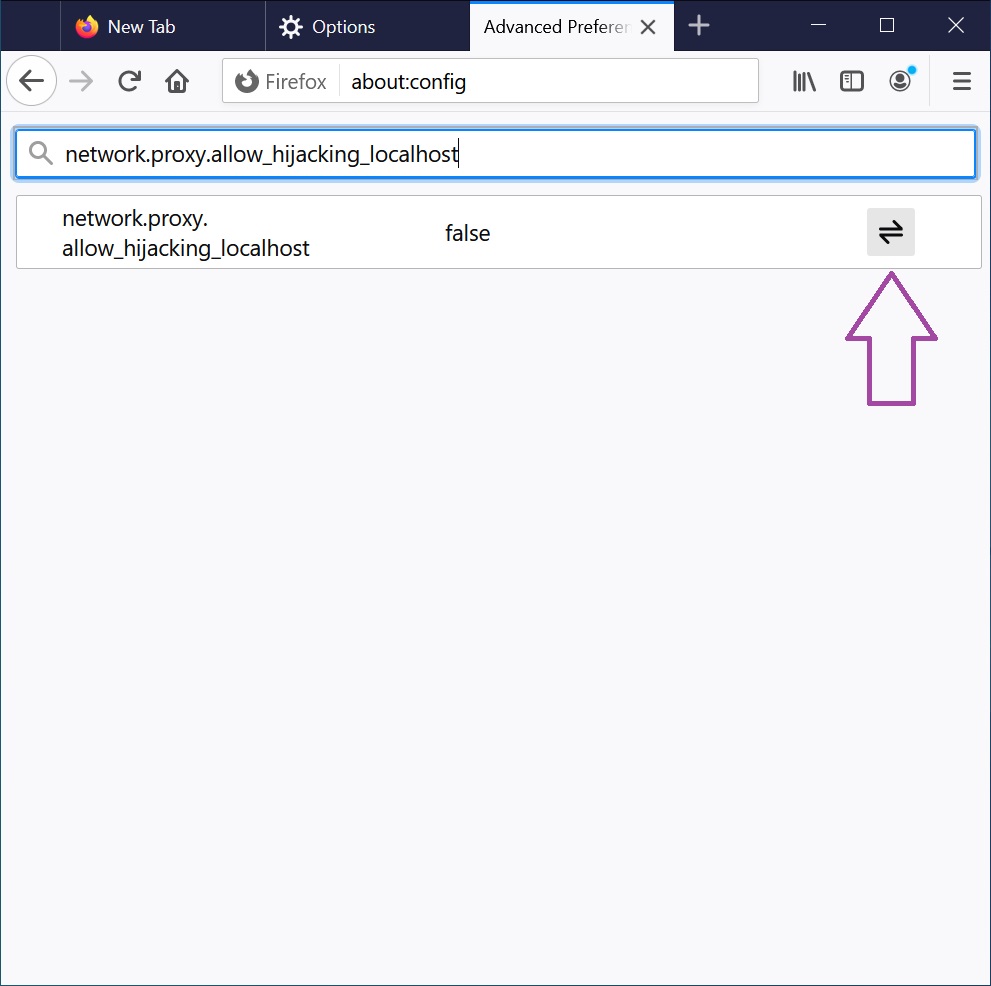 Firefox about:config, network.proxy.allow_hijacking_localhost false and the toggle icon