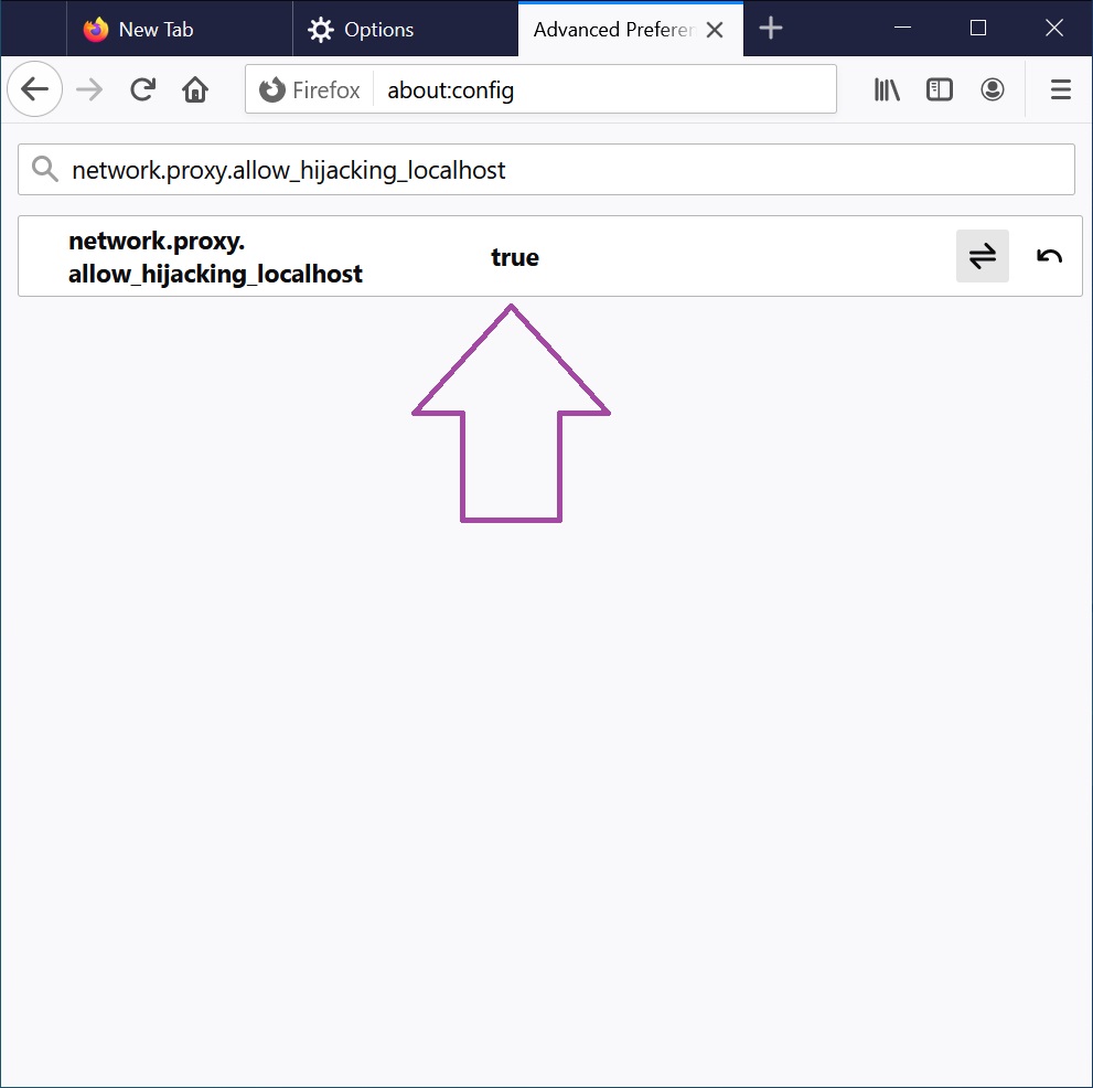 Firefox about:config, network.proxy.allow_hijacking_localhost true